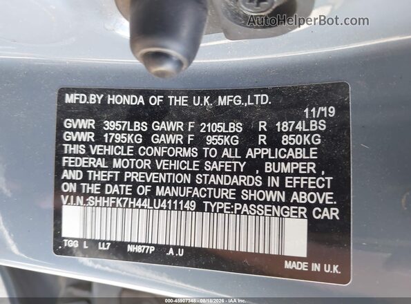 SHHFK7H44LU411149 2020 HONDA CIVIC Gray Widok komory silnika