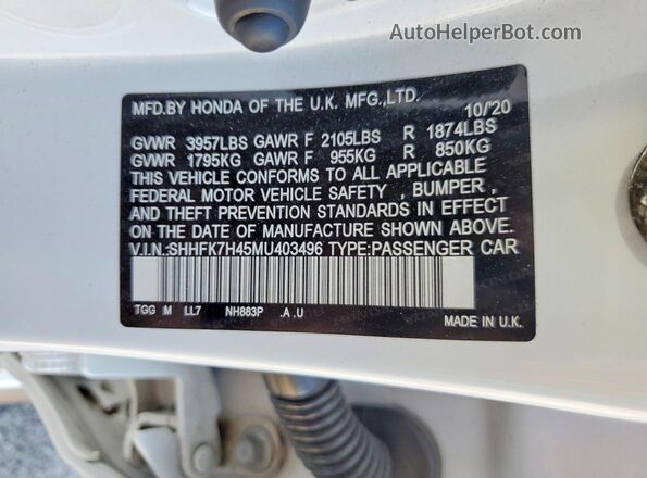 SHHFK7H45MU403496 2021 HONDA CIVIC White Widok komory silnika