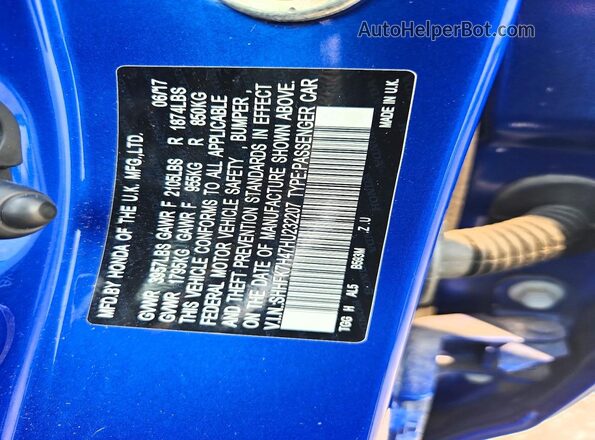 SHHFK7H47HU232207 2017 HONDA CIVIC Blue VIN կոդի պիտակի տեսք