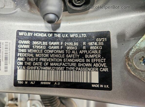 SHHFK7H48MU219587 2021 HONDA CIVIC Silver Vista del compartimento del motor