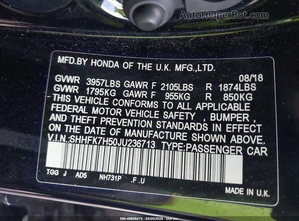 SHHFK7H50JU236713 2018 HONDA CIVIC Black Engine compartment view