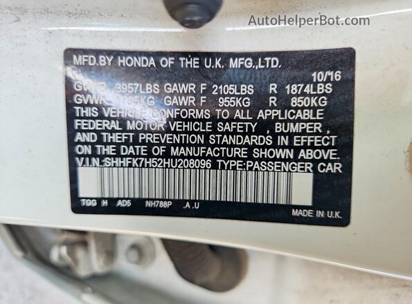 SHHFK7H52HU208096 2017 HONDA CIVIC White Widok naklejki z numerem VIN