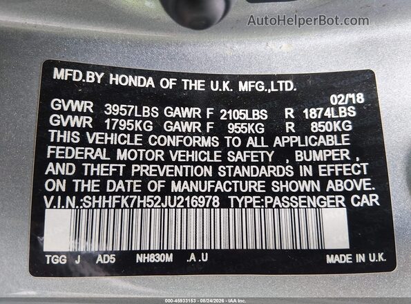 SHHFK7H52JU216978 2018 HONDA CIVIC Серебряный Вид подкапотного пространства