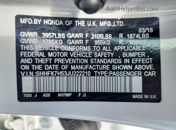 SHHFK7H53JU222210 2018 HONDA CIVIC Белый Вид подкапотного пространства
