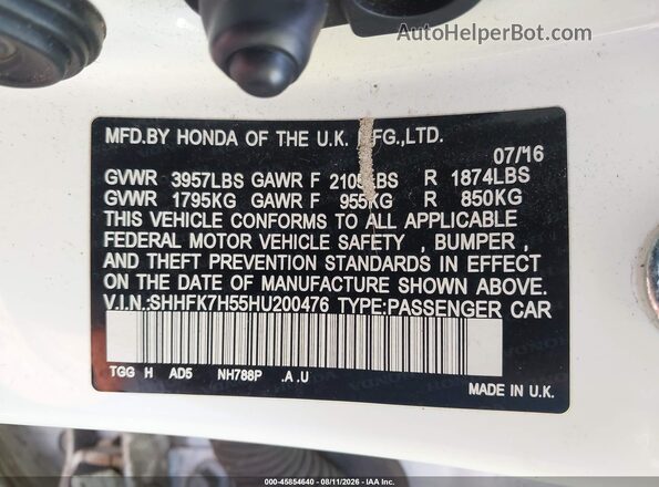 SHHFK7H55HU200476 2017 HONDA CIVIC White Widok komory silnika
