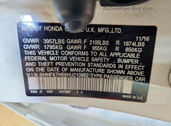 SHHFK7H59HU210962 2017 HONDA CIVIC White Widok komory silnika