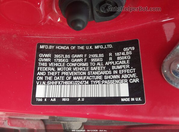 SHHFK7H60KU224734 2019 HONDA CIVIC Red Շարժիչի բաժամունքի տեսք