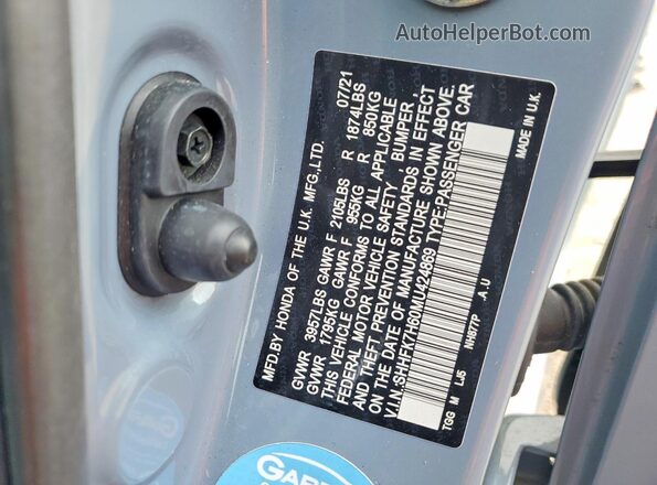 SHHFK7H60MU424869 2021 HONDA CIVIC Blue Widok naklejki z numerem VIN