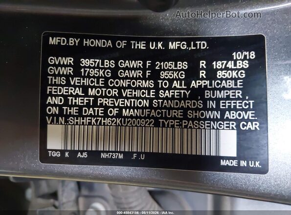 SHHFK7H62KU200922 2019 HONDA CIVIC Gray 