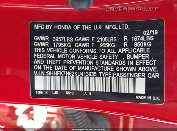 SHHFK7H62KU413935 2019 HONDA CIVIC Red Вид підкапотного простору