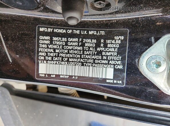 SHHFK7H63LU207220 2020 HONDA CIVIC Black Widok naklejki z numerem VIN