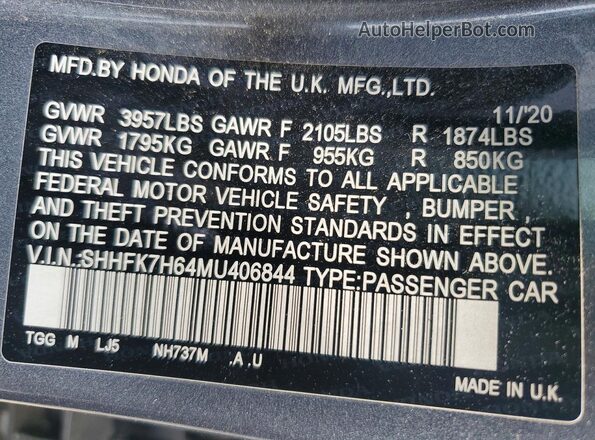 SHHFK7H64MU406844 2021 HONDA CIVIC Gray Widok komory silnika