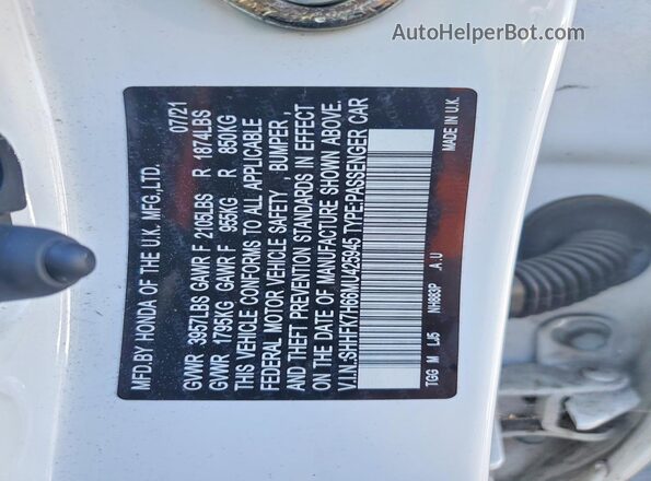 SHHFK7H66MU425945 2021 HONDA CIVIC White VIN կոդի պիտակի տեսք