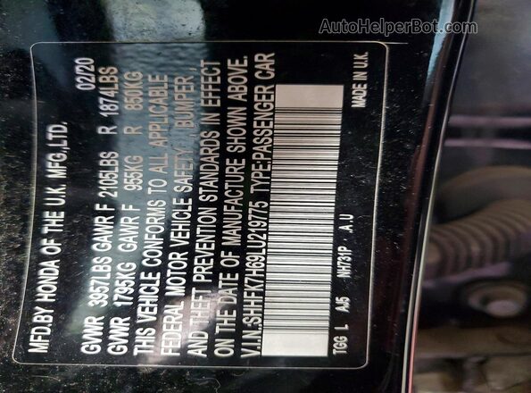 SHHFK7H69LU219775 2020 HONDA CIVIC Black VIN კოდის სტიკერის ხედი