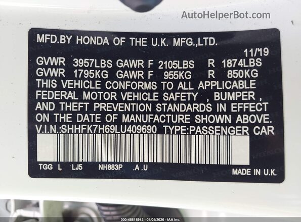 SHHFK7H69LU409690 2020 HONDA CIVIC White Вид підкапотного простору