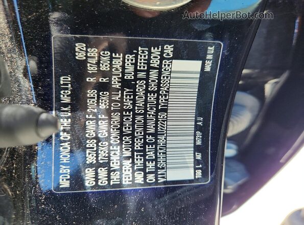 SHHFK7H84LU222150 2020 HONDA CIVIC Black VIN კოდის სტიკერის ხედი