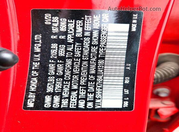 SHHFK7H84LU413180 2020 HONDA CIVIC Красный Вид подкапотного пространства