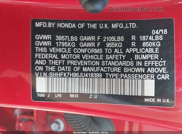 SHHFK7H96JU418399 2018 HONDA CIVIC Красный Вид подкапотного пространства