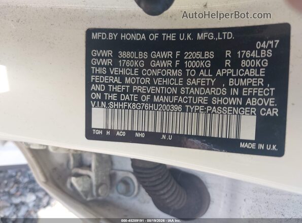 SHHFK8G76HU200396 2017 HONDA CIVIC White Widok komory silnika