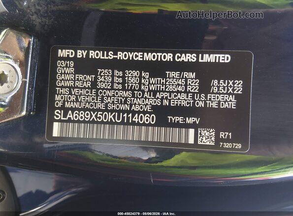 SLA689X50KU114060 2019 ROLLS-ROYCE CULLINAN Gray ძრავის განყოფილების ხედი
