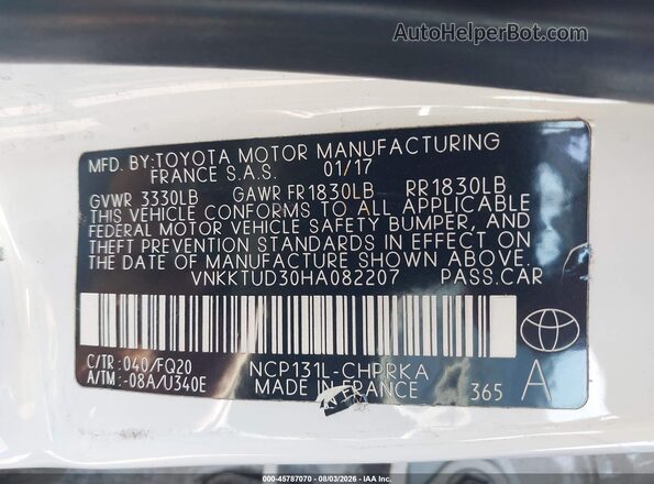 VNKKTUD30HA082207 2017 TOYOTA YARIS Белый Вид подкапотного пространства