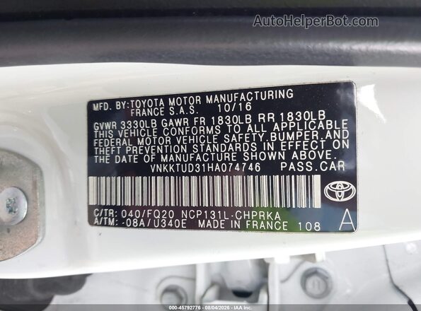 VNKKTUD31HA074746 2017 TOYOTA YARIS White Engine compartment view