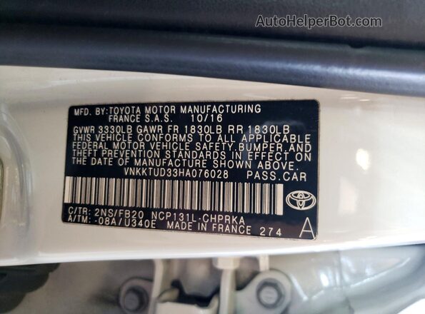 VNKKTUD33HA076028 2017 TOYOTA YARIS White VIN კოდის სტიკერის ხედი