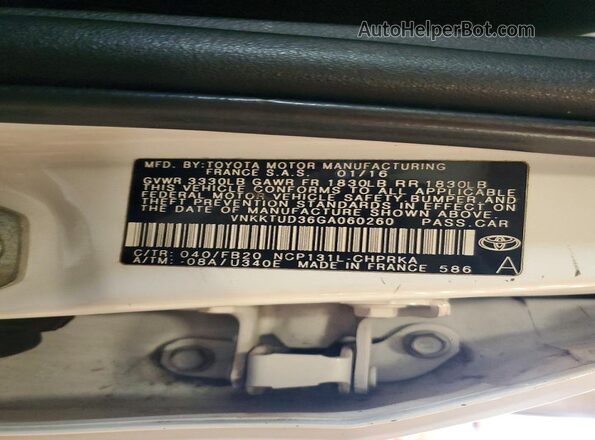 VNKKTUD36GA060260 2016 TOYOTA YARIS White Вид підкапотного простору