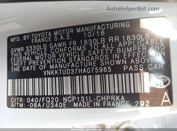 VNKKTUD37HA075965 2017 TOYOTA YARIS Белый Вид подкапотного пространства