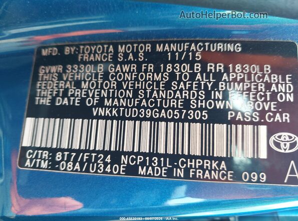 VNKKTUD39GA057305 2016 TOYOTA YARIS Blue Вид підкапотного простору