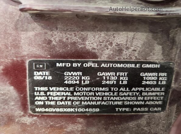 W04GV8SX6K1004859 2019 BUICK REGAL Burgundy Vista del compartimento del motor