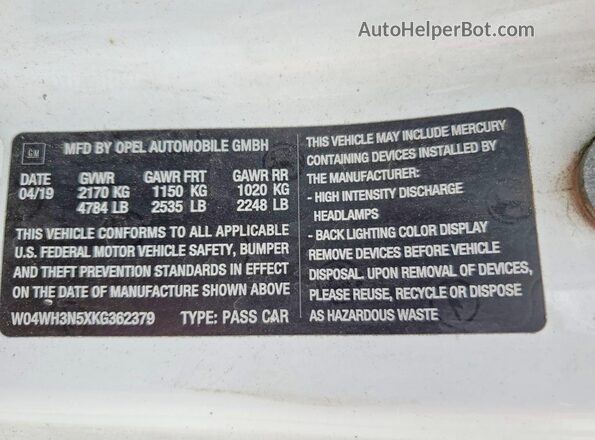 W04WH3N5XKG362379 2019 BUICK CASCADA White Շարժիչի բաժամունքի տեսք