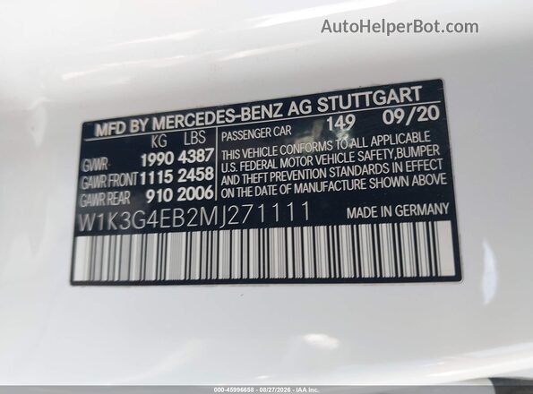 W1K3G4EB2MJ271111 2021 MERCEDES-BENZ A 220 White Vista del compartimento del motor