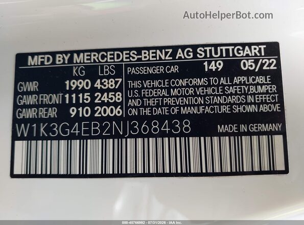 W1K3G4EB2NJ368438 2022 MERCEDES-BENZ A 220 White Vista del compartimento del motor