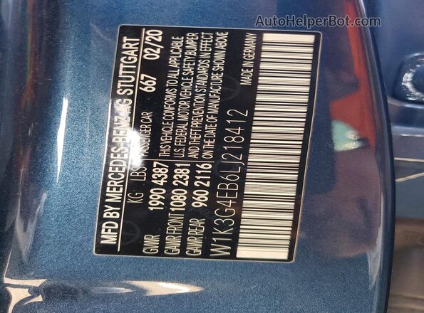 W1K3G4EB6LJ218412 2020 MERCEDES-BENZ A Blue Вид підкапотного простору
