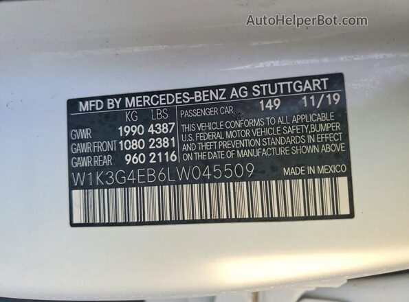 W1K3G4EB6LW045509 2020 MERCEDES-BENZ A White ძრავის განყოფილების ხედი