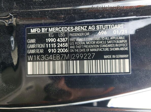 W1K3G4EB7MJ299227 2021 MERCEDES-BENZ A Black Widok naklejki z numerem VIN