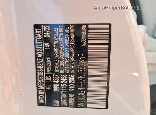 W1K3G4EB7NJ362859 2022 MERCEDES-BENZ A White Вид наклейки з VIN-кодом