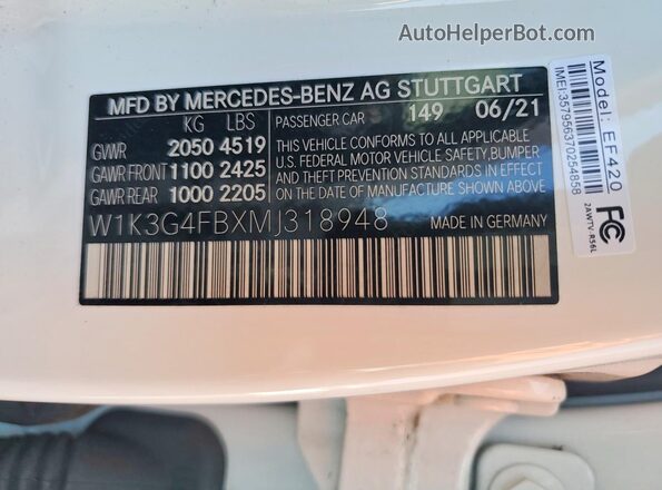 W1K3G4FBXMJ318948 2021 MERCEDES-BENZ A Белый Вид подкапотного пространства