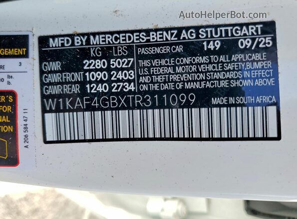 W1KAF4GBXTR311099 2026 MERCEDES-BENZ C White Вид підкапотного простору