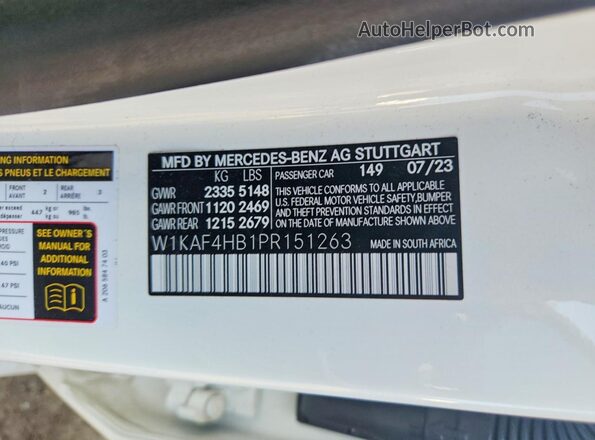 W1KAF4HB1PR151263 2023 MERCEDES-BENZ C White VIN კოდის სტიკერის ხედი