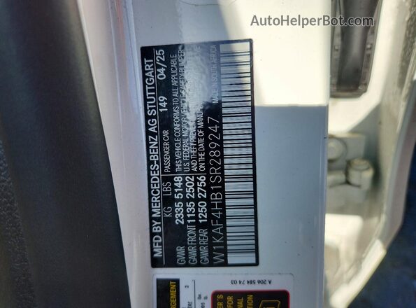 W1KAF4HB1SR289247 2025 MERCEDES-BENZ C White Vista de la etiqueta del VIN
