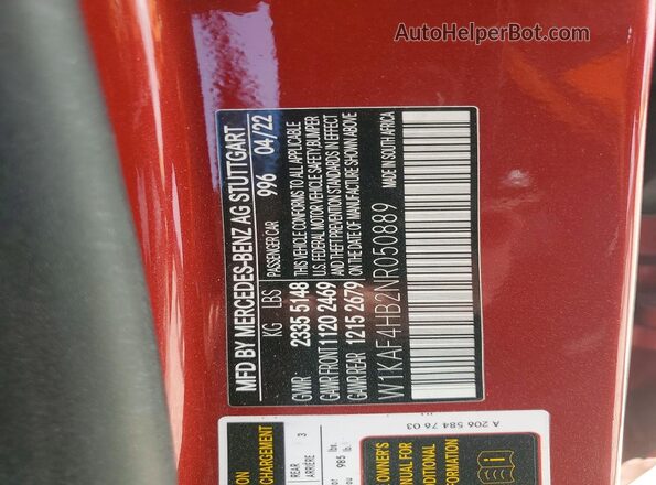 W1KAF4HB2NR050889 2022 MERCEDES-BENZ C Красный Вид наклейки с VIN-кодом