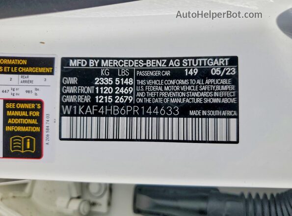 W1KAF4HB6PR144633 2023 MERCEDES-BENZ C White VIN sticker view