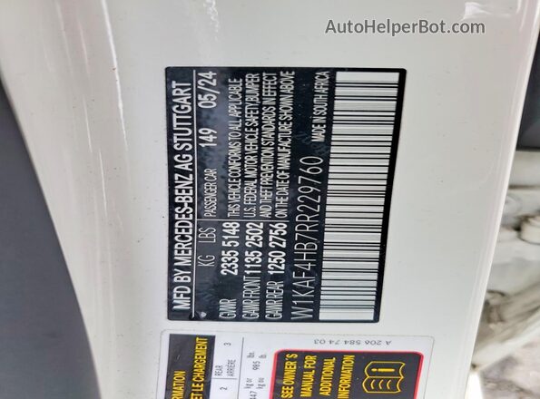 W1KAF4HB7RR229760 2024 MERCEDES-BENZ C White Вид наклейки з VIN-кодом