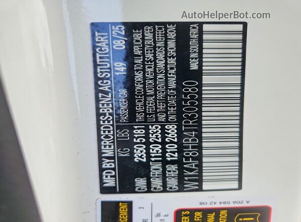 W1KAF8HB4TR305580 2026 MERCEDES-BENZ C White Вид наклейки з VIN-кодом