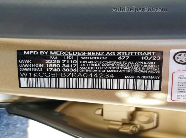 W1KCG5FB7RA044234 2024 MERCEDES-BENZ EQS Золотой Вид наклейки с VIN-кодом