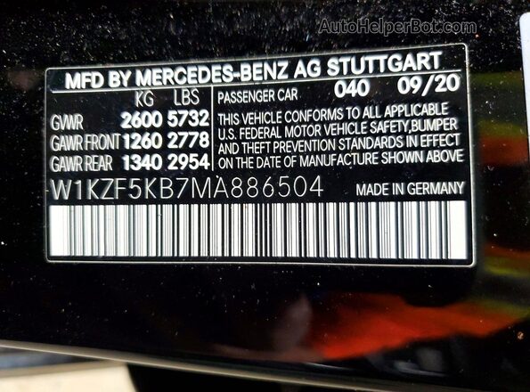 W1KZF5KB7MA886504 2021 MERCEDES-BENZ E Black Вид наклейки з VIN-кодом