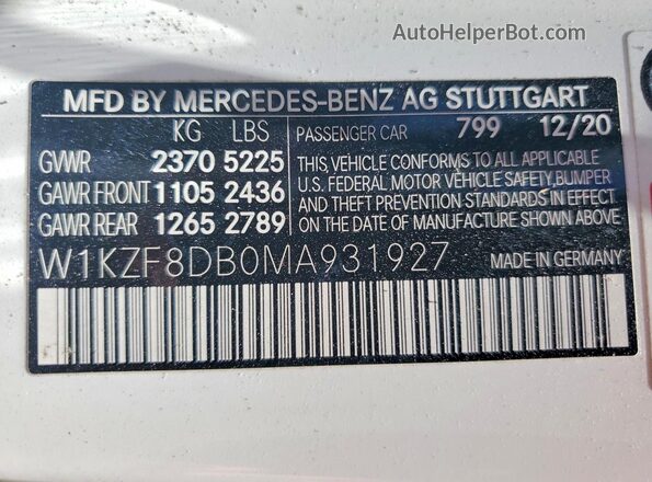 W1KZF8DB0MA931927 2021 MERCEDES-BENZ E White Вид підкапотного простору