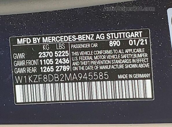 W1KZF8DB2MA945585 2021 MERCEDES-BENZ E Blue VIN კოდის სტიკერის ხედი